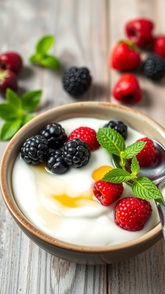 A bowl of yogurt topped with berries and honey on a wooden table.
